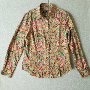 Talbots Womens 8 Button Up Shirt Paisley Boho Preppy Top Stretch Gold Buttons